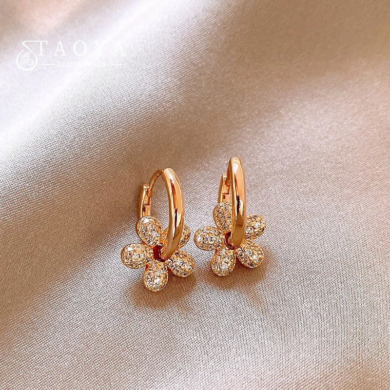 Vintage Gold & Crystal Flower Hoop Earrings-Lydieannejewelry