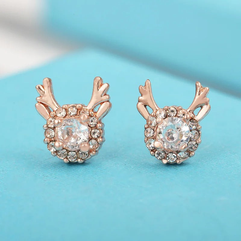 Vintage Rose Gold Reindeer Crystal Halo Stud Earrings-Lydieannejewelry