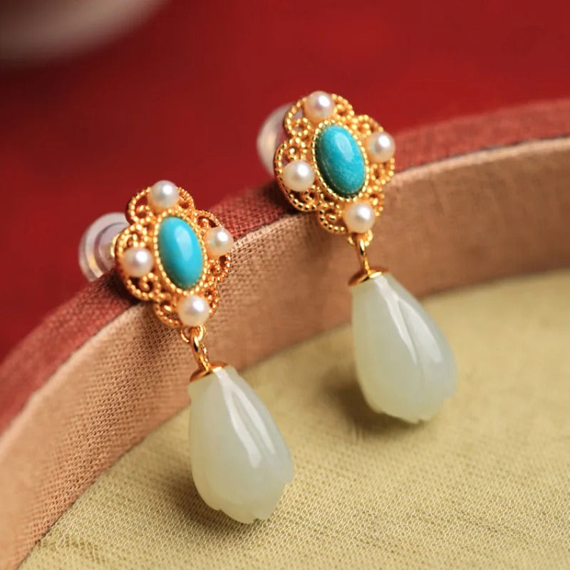 Classic Turquoise Pearl Vintage Charm Earrings-Lydieannejewelry