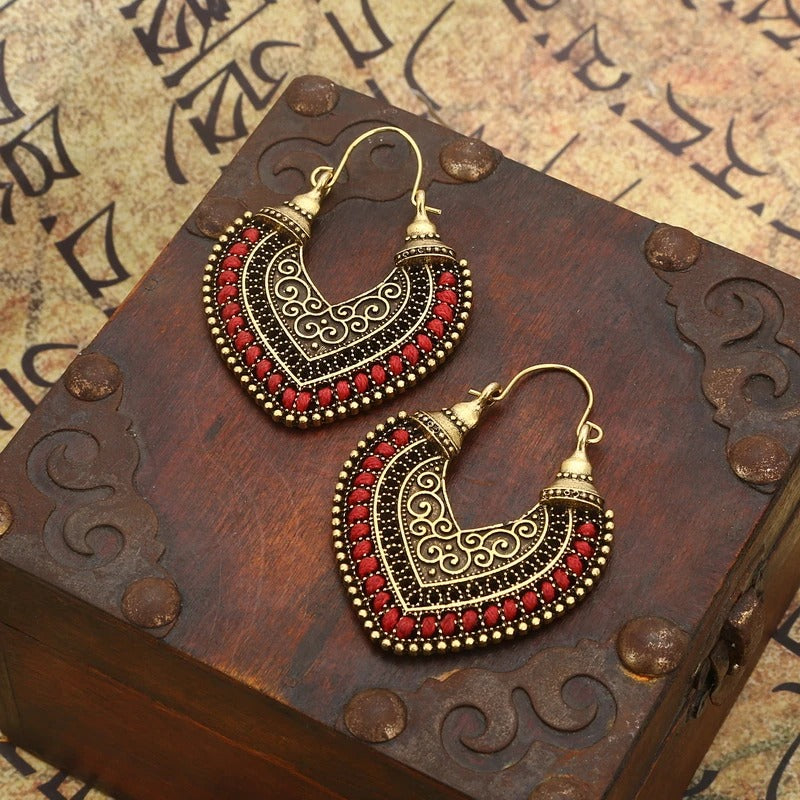 Vintage Gold & Red Tribal Hoop Earrings-Lydieannejewelry