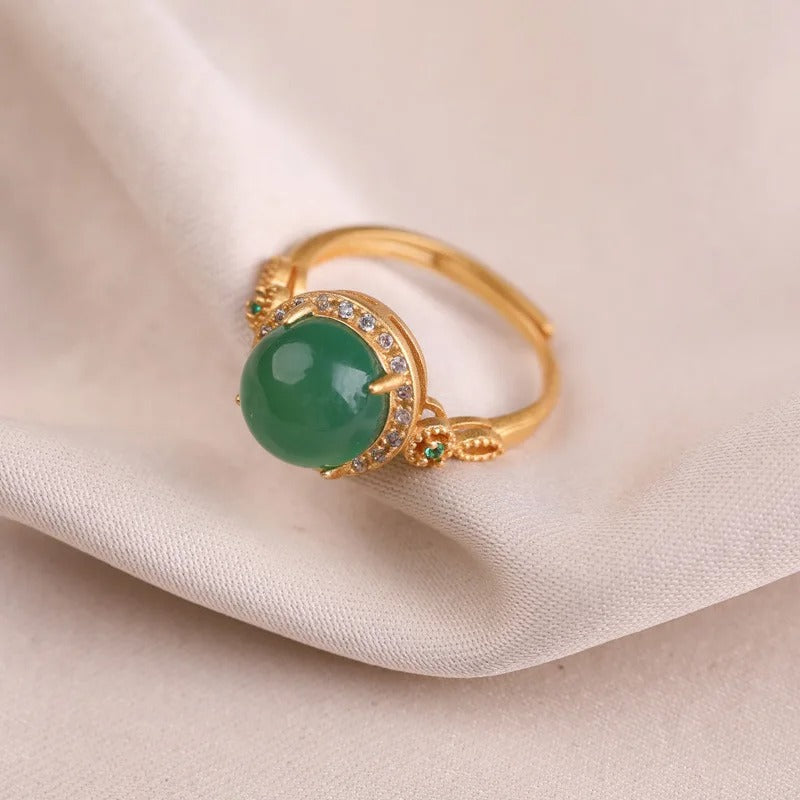 Vintage Gold Green Gemstone & Shiny Crystal Adjustable Ring-Lydieannejewelry