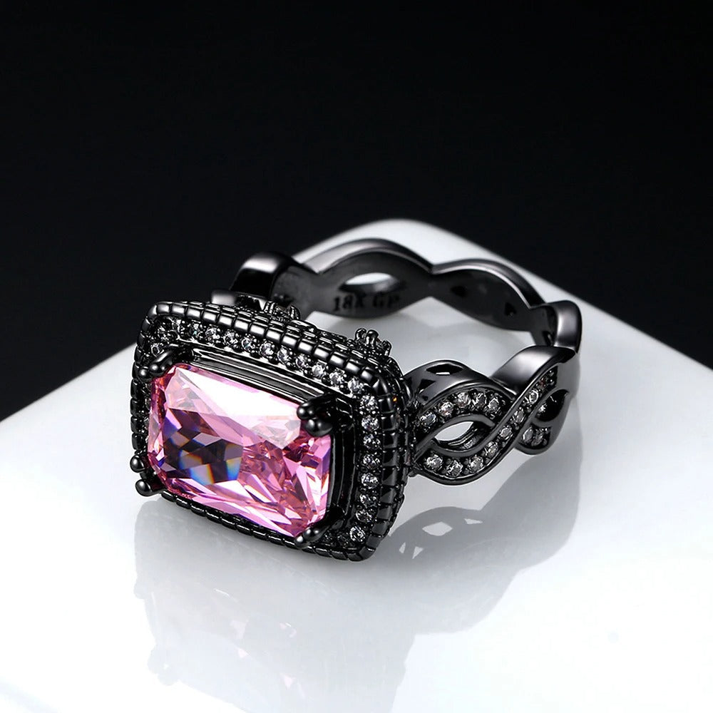 Pink Gemstone & Intricate Black Gold Band Ring-Lydieannejewelry