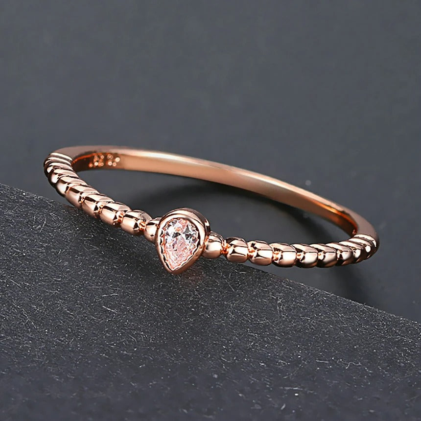Vintage Rose Gold Pink Crystal Tear Drop Ring-Lydieannejewelry