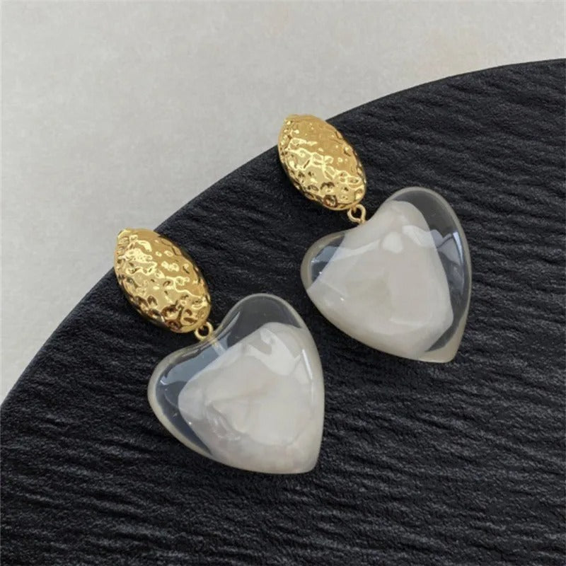 Classic Gold Heart-Cut Clear Resin & Textured Top Earrings-Lydieannejewelry