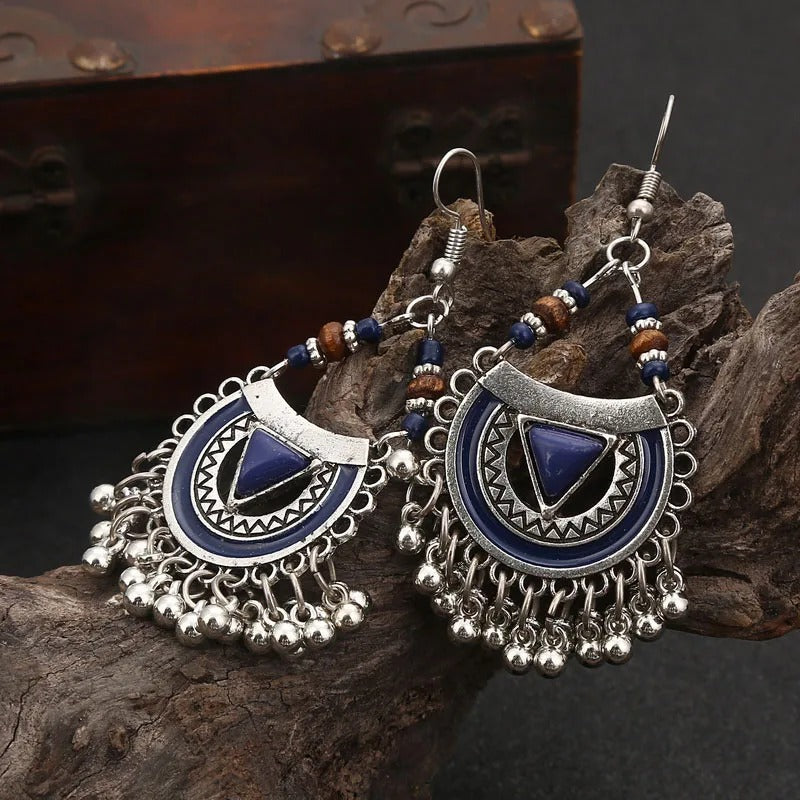 Vintage Blue Tribal Silver Tassel Earrings-Lydieannejewelry