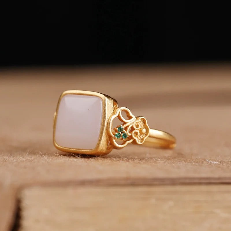 Vintage Gold Square White Stone & Floral Accent Adjustable Ring-Lydieannejewelry