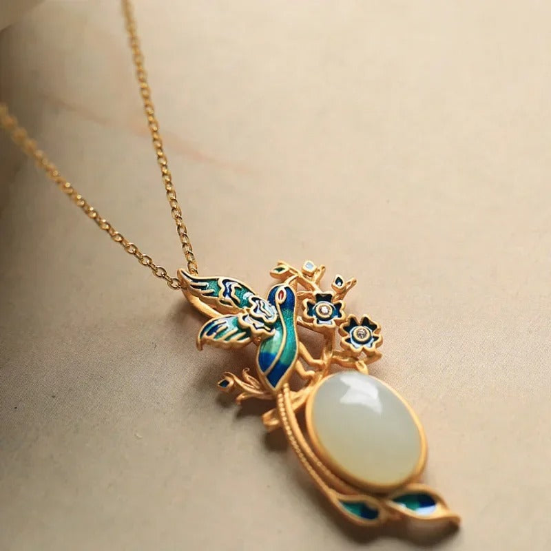 Classic Gold Bird & Flower Oval Gem Centerpiece Necklace-Lydieannejewelry