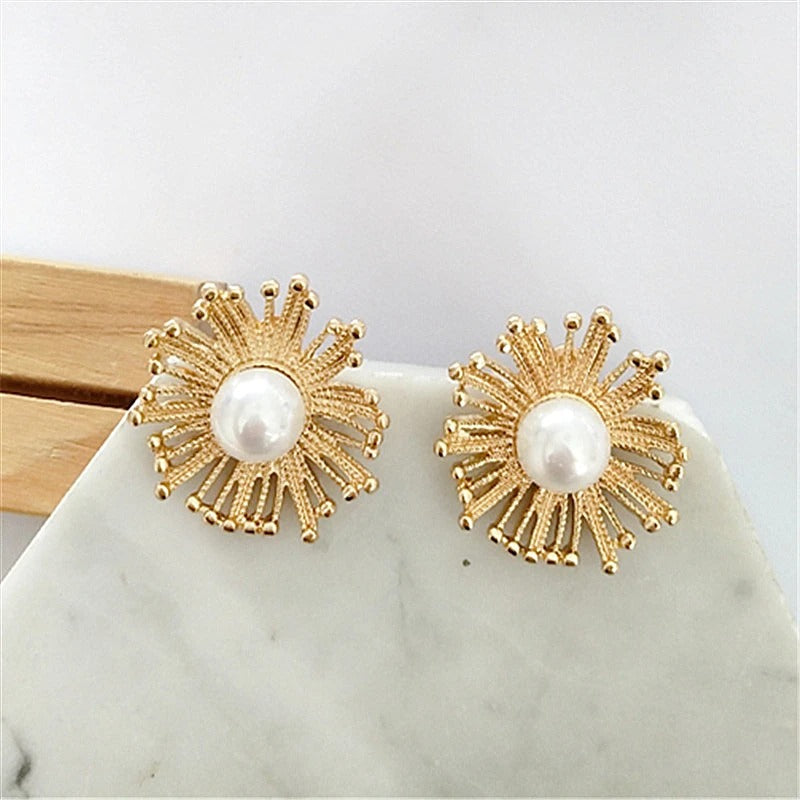 Gold Sunburst Fireworks Pearl Earrings-Lydieannejewelry