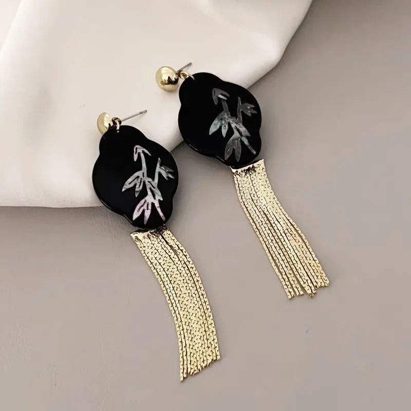 Vintage Black & Gold Tassel Bamboo Dangle Earrings-Lydieannejewelry