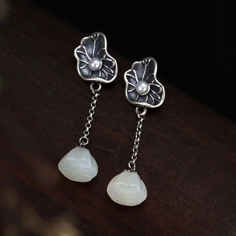 Classic Silver & White Jade Lotus Leaf Pearl Earrings-Lydieannejewelry