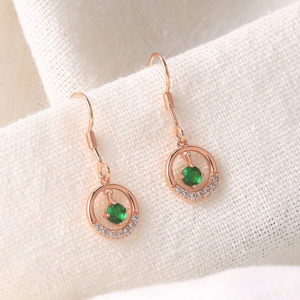 Classic Rose Gold Green Gem & Crystal Ring Drop Earrings-Lydieannejewelry