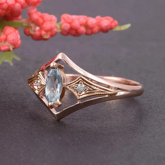 Vintage Rose Gold Blue Marquise Ring-Lydieannejewelry
