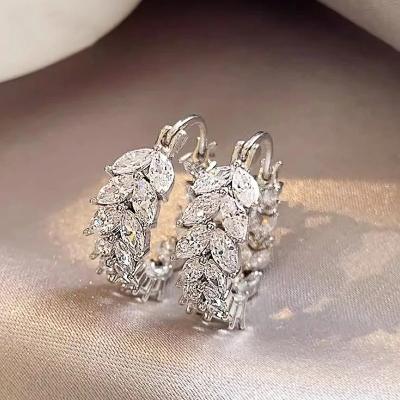 Silver Marquise Leaf Hoop Earrings-Lydieannejewelry