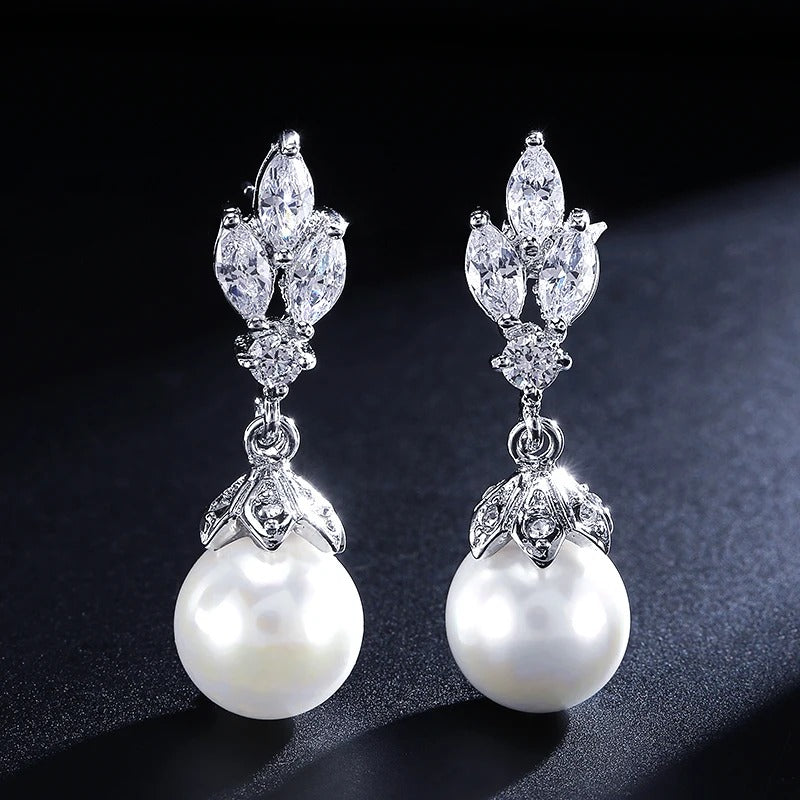 Vintage Silver Floral Pearl Drop Earrings-Lydieannejewelry