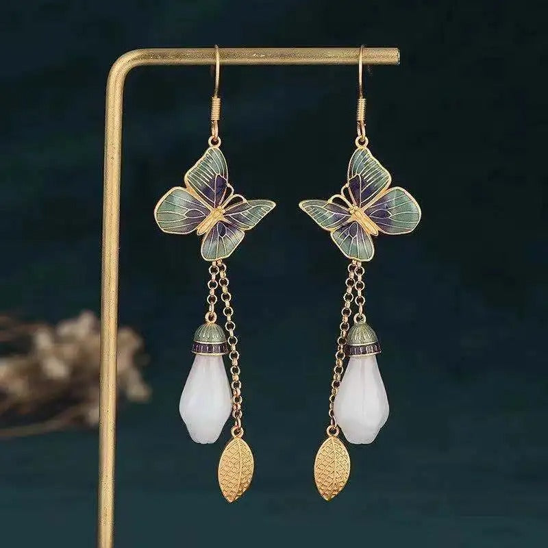 Vintage Gold & Green Butterfly Pearl Drop Earrings-Lydieannejewelry