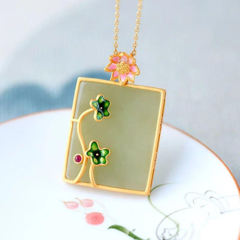 Vintage Green Blossom Gold Framed Leaf Necklace-Lydieannejewelry