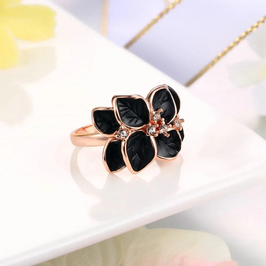 Timeless Rose Gold Black Floral Ring-Lydieannejewelry