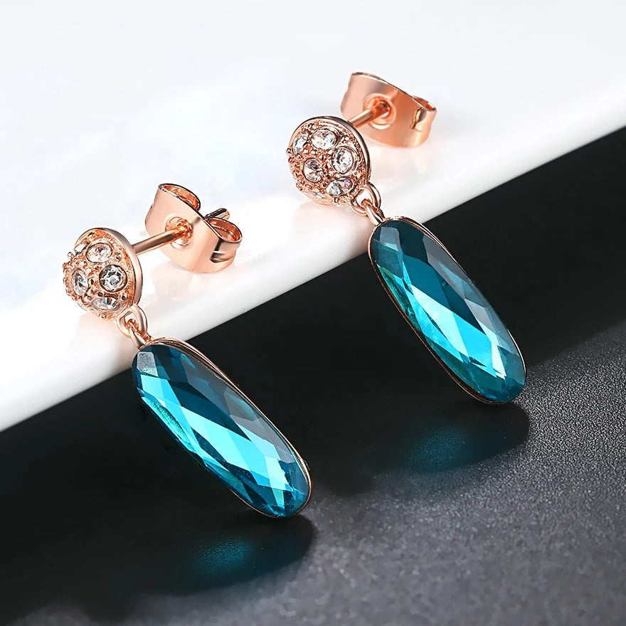 Vintage Rose Gold Teal Crystal Charm Drop Earrings-Lydieannejewelry