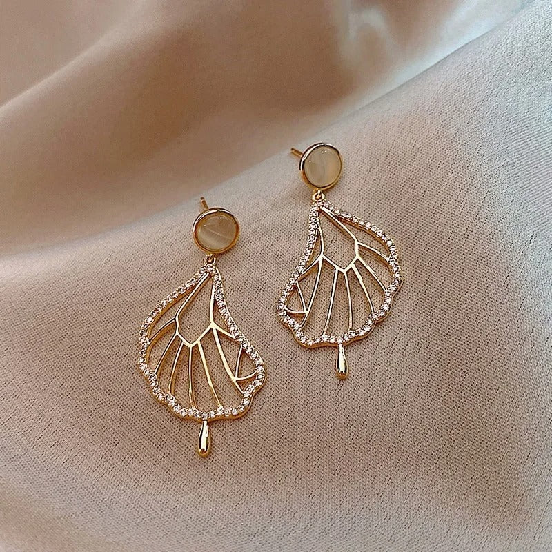 Gold Crystal Leaf Drop Earrings-Lydieannejewelry