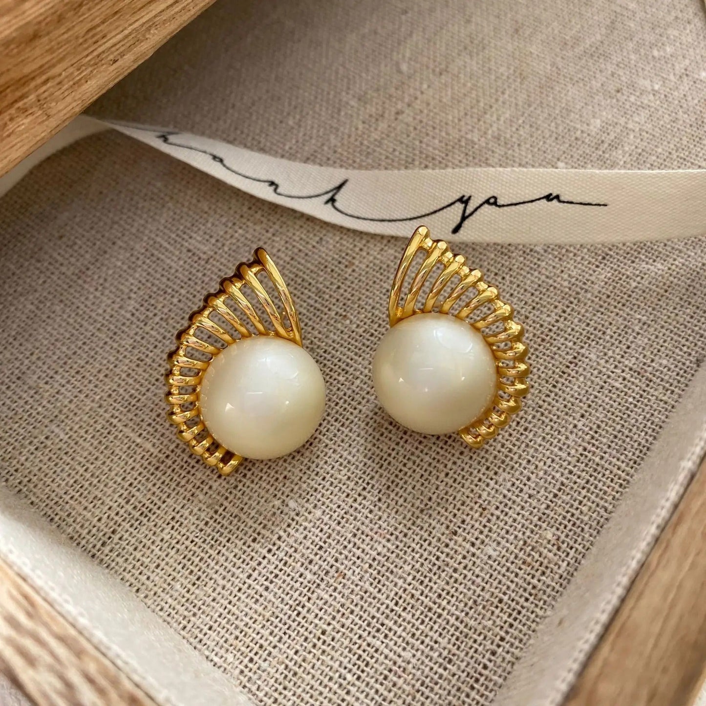 Gold Radiant White Round Pearl Earrings-Lydieannejewelry