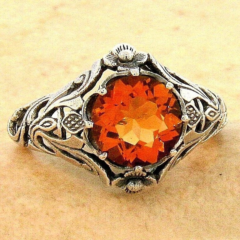 Vintage Orange Crystal Silver Ring-Lydieannejewelry