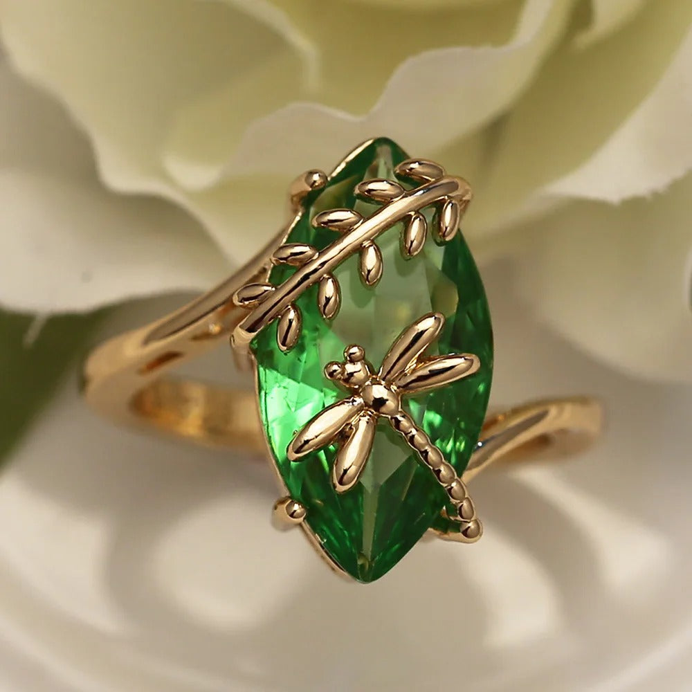 Gold Green Gemstone & Dragonfly Ring-Lydieannejewelry