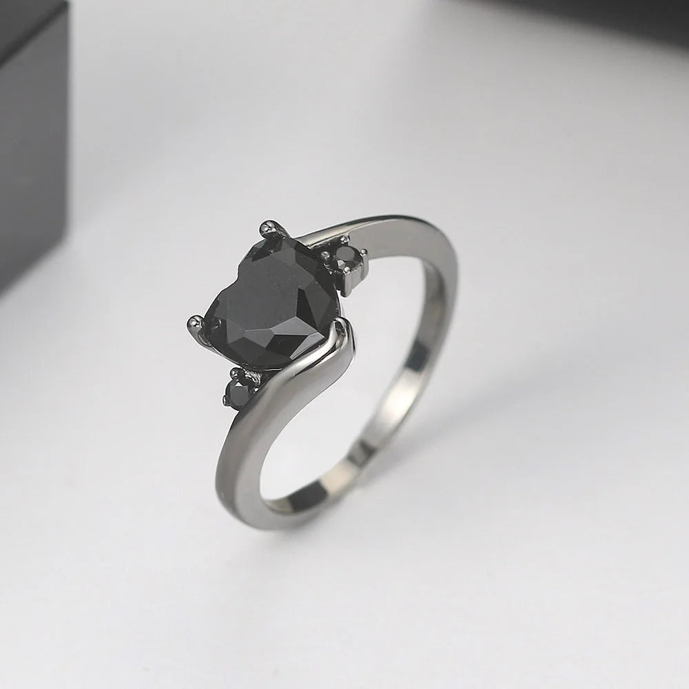 Silver Black Heart-Shaped Stone Ring-Lydieannejewelry