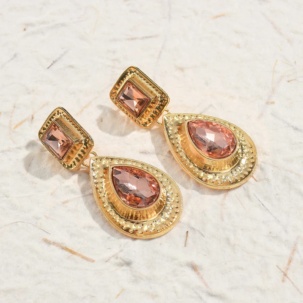 Vintage Gold Pink Gemstone Teardrop Earrings-Lydieannejewelry