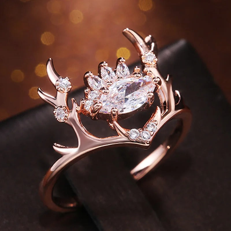 Rose Gold Antler Crown Marquise Ring-Lydieannejewelry