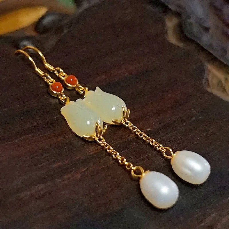 Classic Gold & Ivory Chain Jade Flower Pearl Earrings-Lydieannejewelry