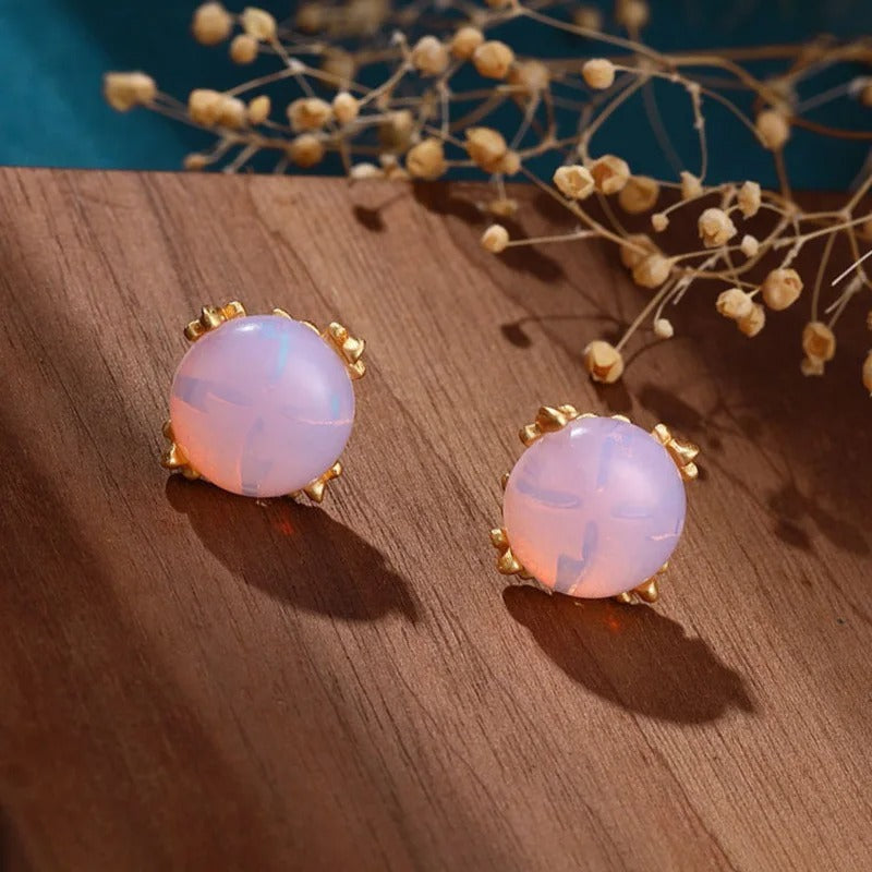 Classic Gold Pink Opal Stone & Delicate Floral Design Earrings-Lydieannejewelry