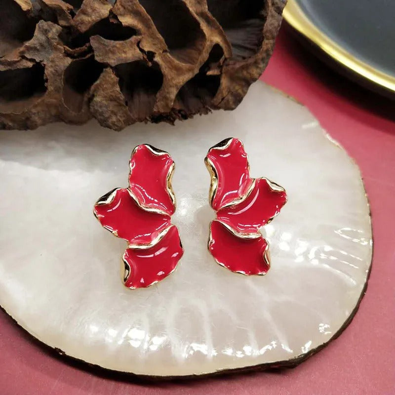 Vintage Gold Leaf Red Earrings-Lydieannejewelry