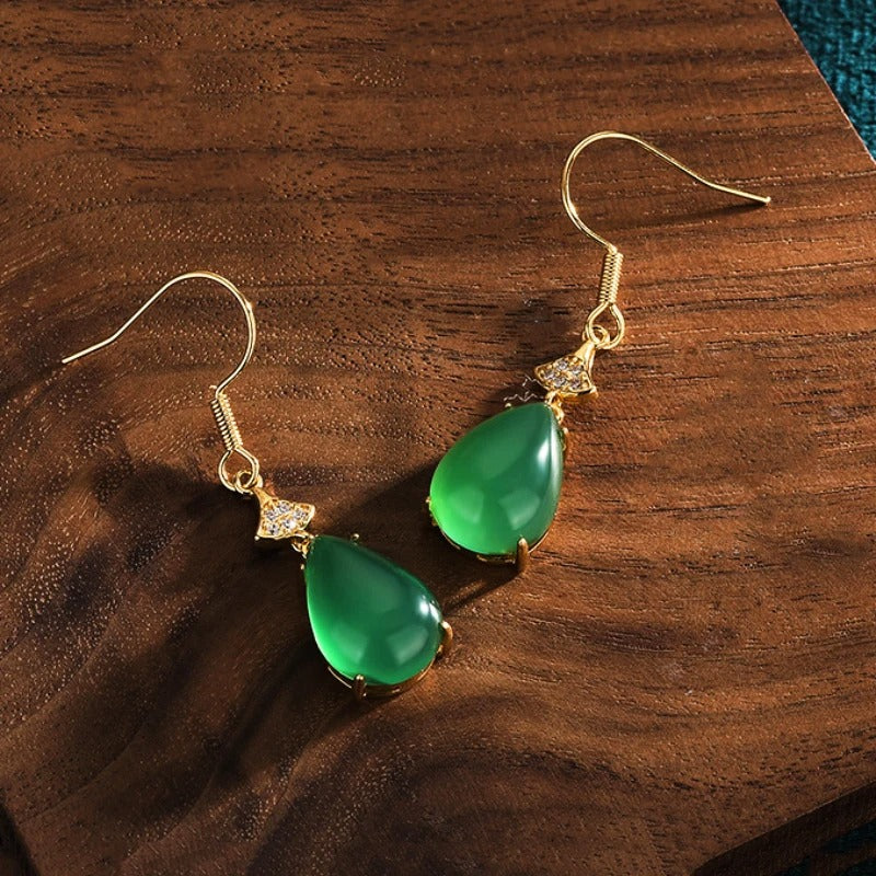 Timeless Green & Vintage Gold Twist Design Teardrop Earrings-Lydieannejewelry