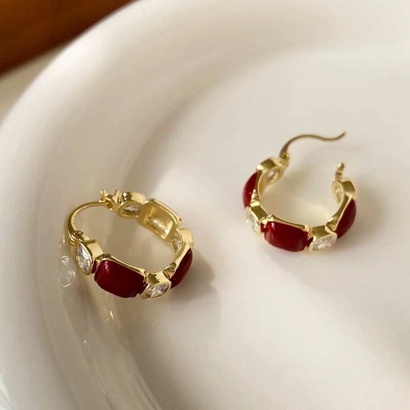 Vintage Gold & Red Stone Hoop Earrings-Lydieannejewelry