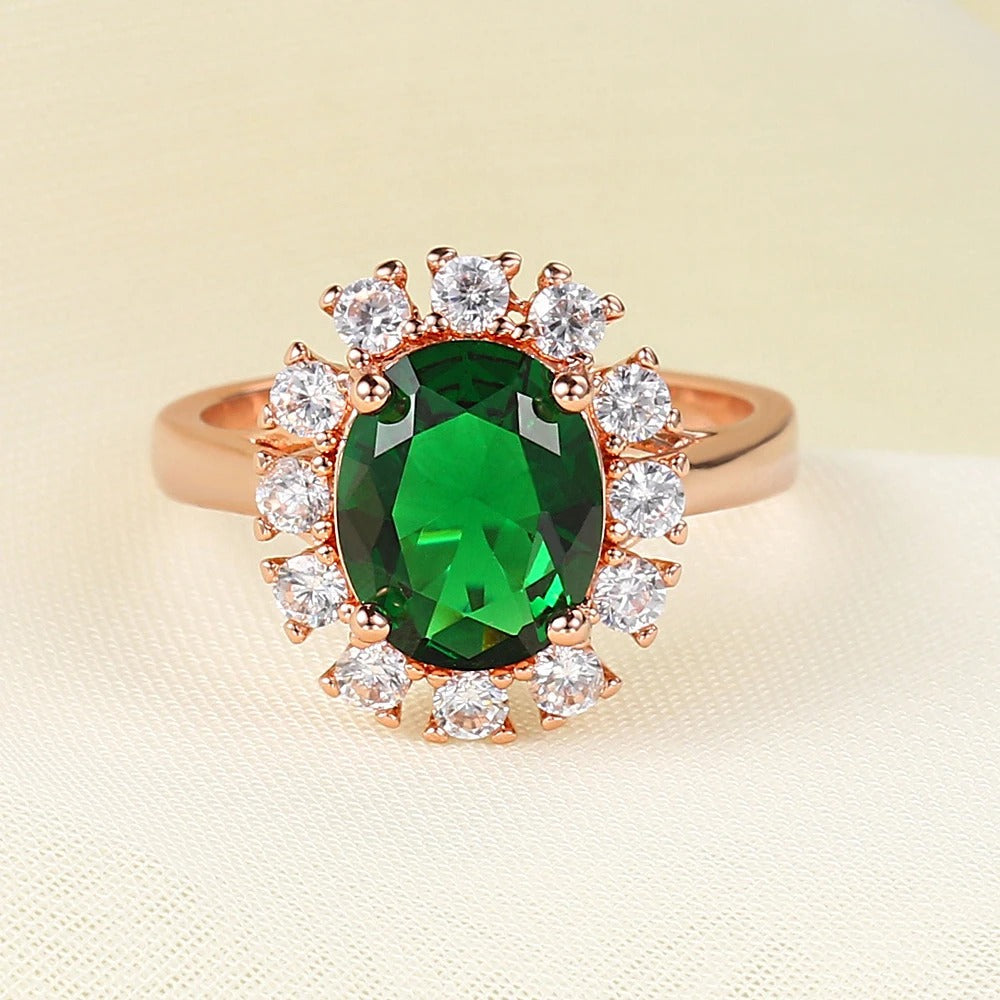 Classic Rose Gold Oval Green Stone & Brilliant Paved Halo Ring-Lydieannejewelry