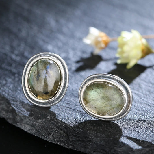 Vintage Silver Labradorite Stud Earrings-Lydieannejewelry