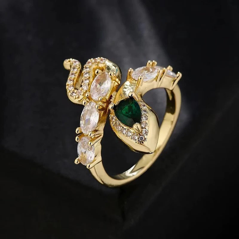 Classic Green Zircon Snake Shaped Adjustable Ring-Lydieannejewelry