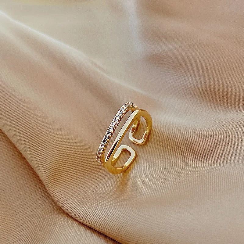 Gold Double Band & Crystal Adjustable Ring-Lydieannejewelry