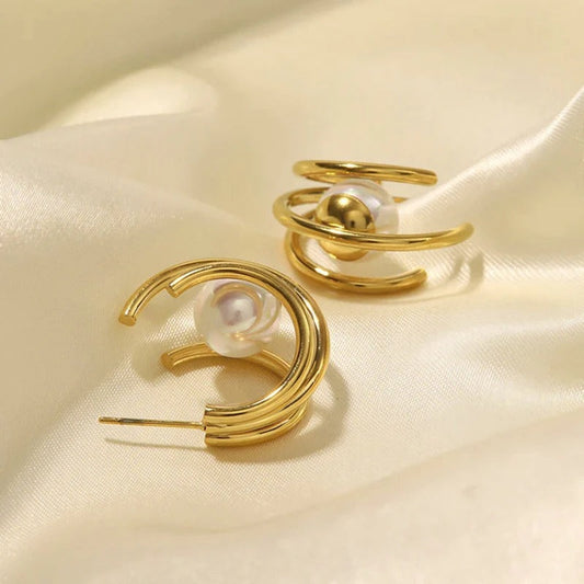 Vintage Pearl Artistic Gold Earrings-Lydieannejewelry