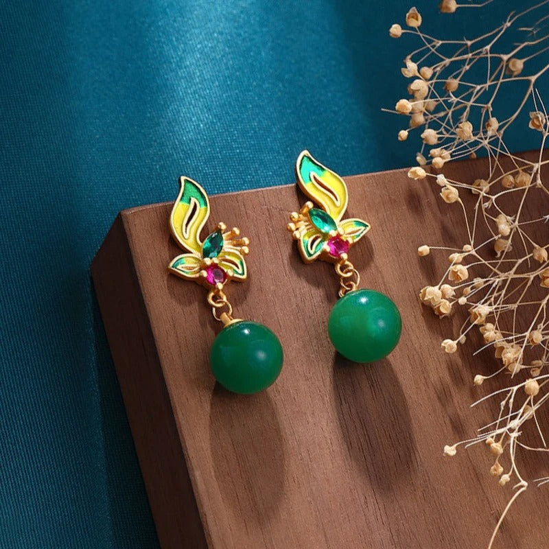 Classic Gold Green Bead & Floral Enamel Dangle Earrings-Lydieannejewelry