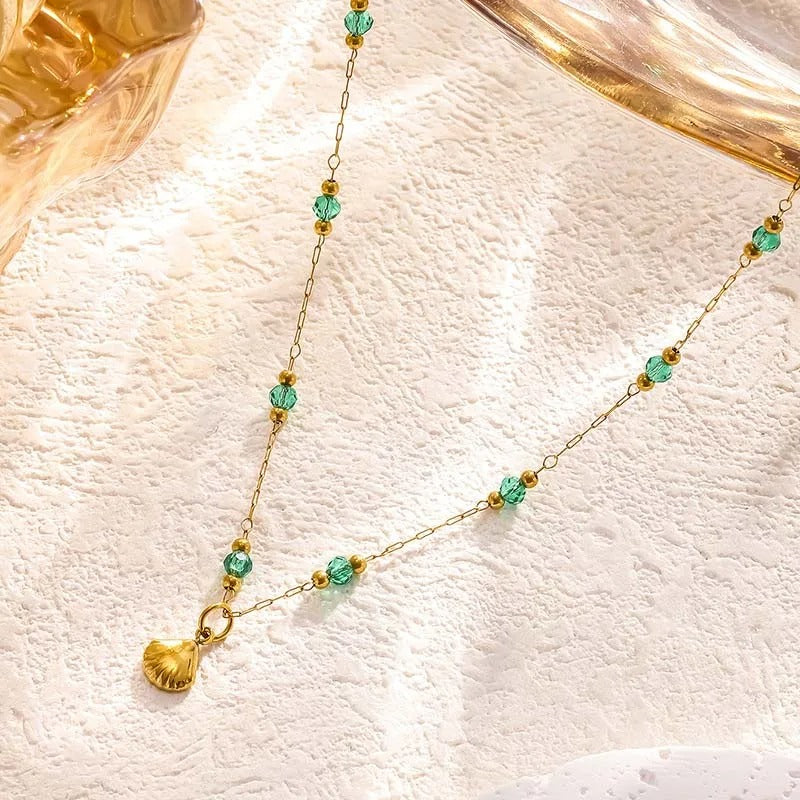 Gold Green Crystal & Sea Shell Charm Necklace-Lydieannejewelry