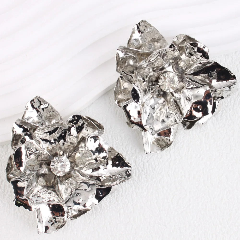Vintage Silver Big Flower Crystal Earrings-Lydieannejewelry