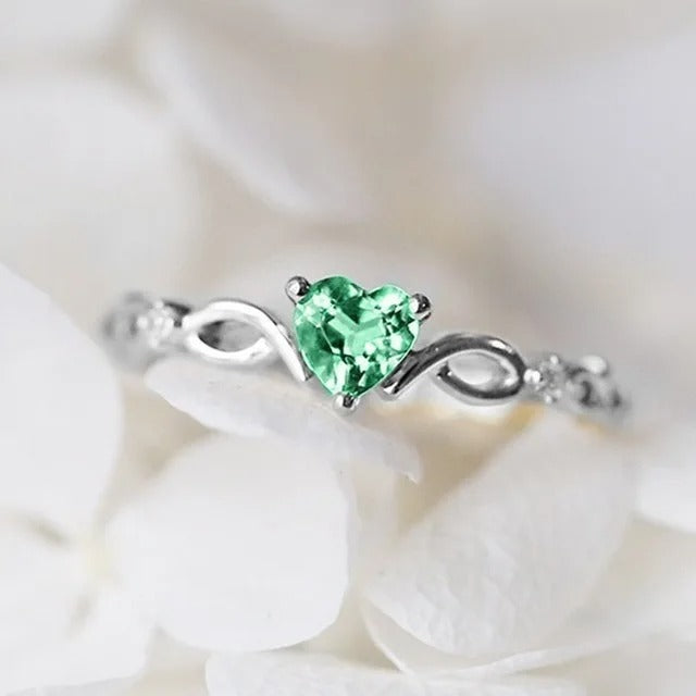 Classic Silver Green Heart Gemstone Swirl Ring-Lydieannejewelry