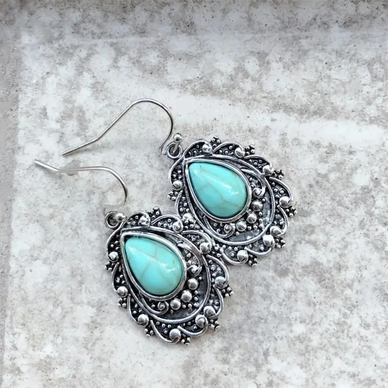 Silver Floral Turquoise Earrings-Lydieannejewelry