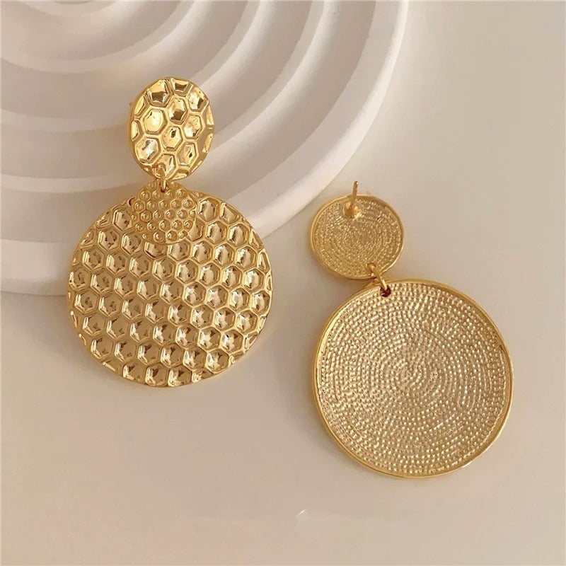 Vintage Gold Honeycomb Textured Drop Earrings-Lydieannejewelry