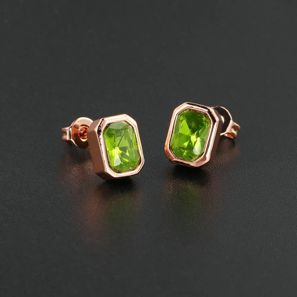 Vintage Rose Gold Green Rectangular Gemstone Earrings-Lydieannejewelry