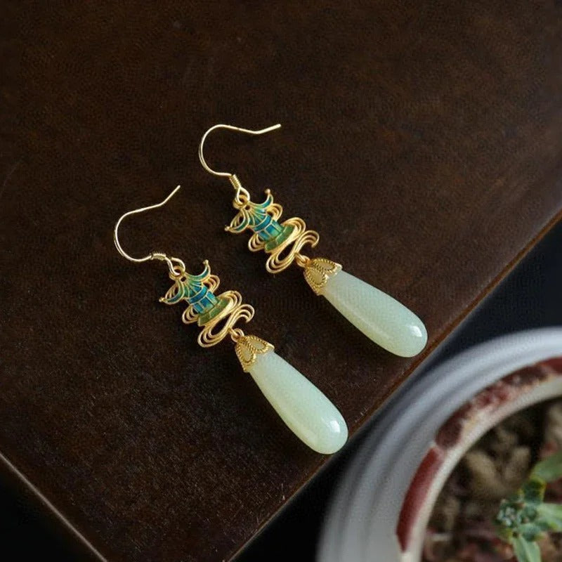 Classic Gold & Teal Drop Jade Earrings-Lydieannejewelry