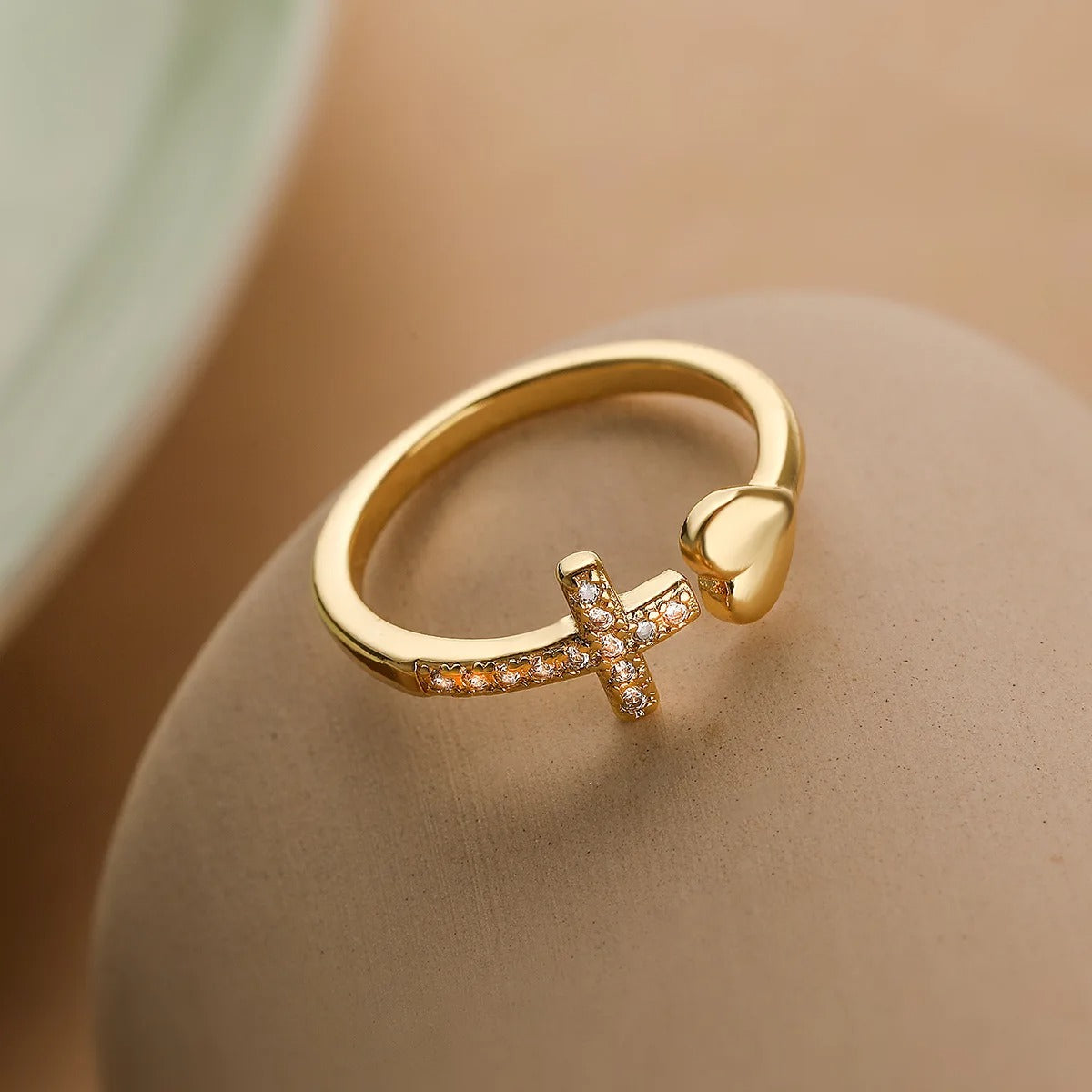 Gold Religious Cross Heart Resizable Ring-Lydieannejewelry