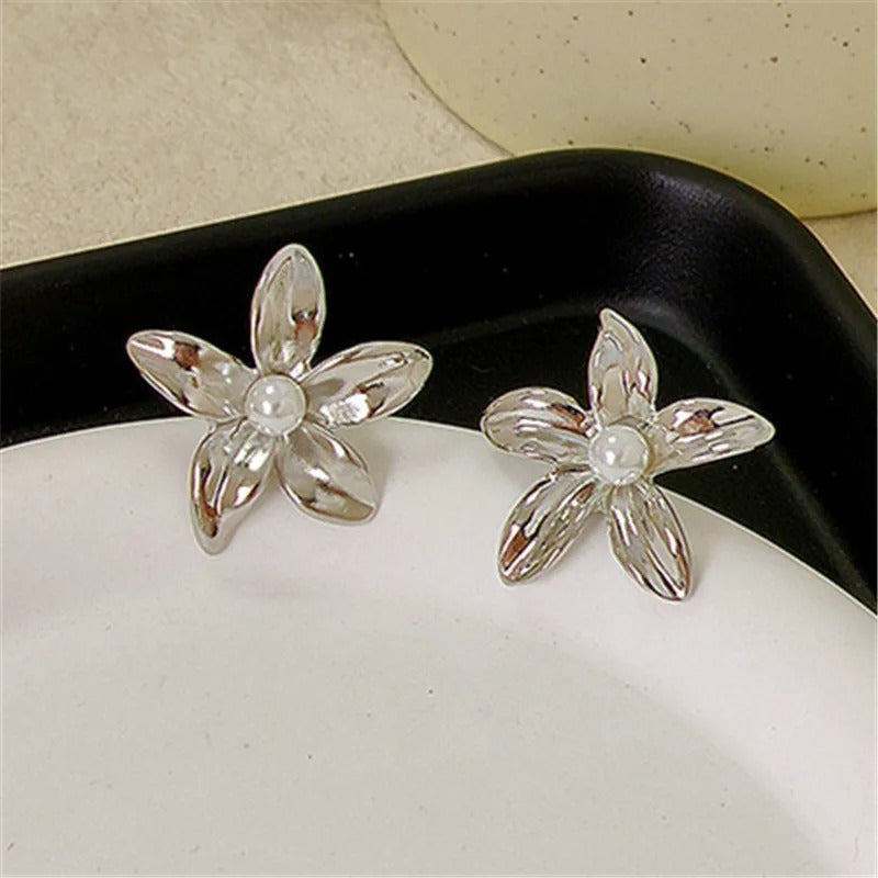Classic Silver Flower White Pearl Accent Earrings-Lydieannejewelry