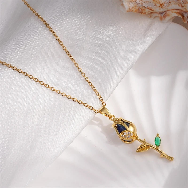 Vintage Gold Rose & Blue Gemstone Necklace-Lydieannejewelry